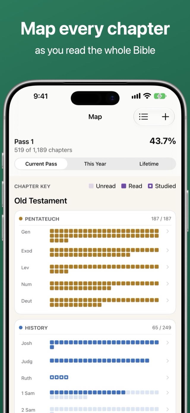 1189 on iPhone: the Map, with the Old Testament's chapters colored by section as they are read