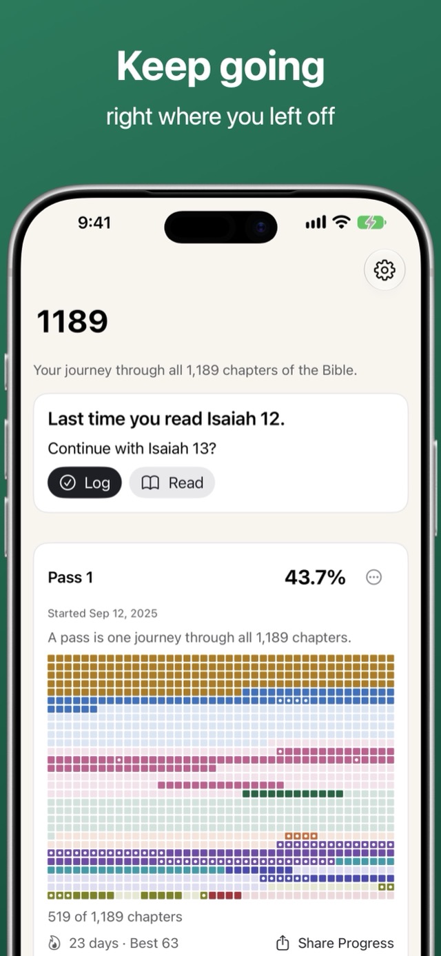 1189 on iPhone: the Home screen, offering to continue with Isaiah 13 above the pass mosaic and streak