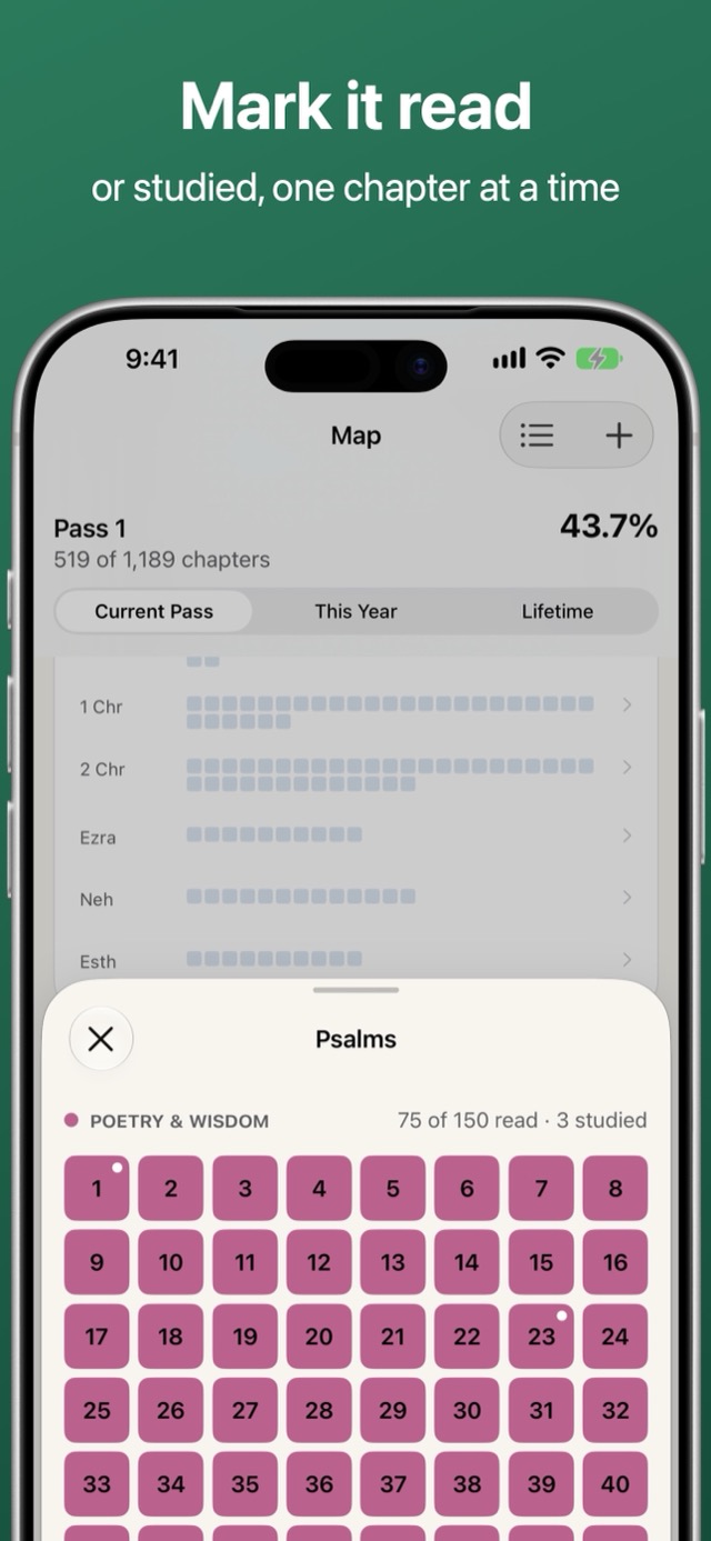 1189 on iPhone: the Psalms chapter grid open over the Map, ready to mark a chapter read or studied