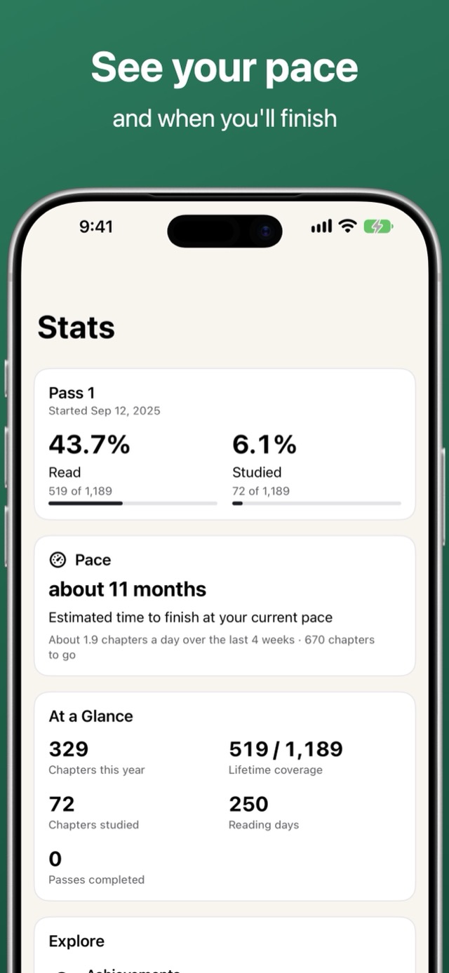 1189 on iPhone: Stats, with percent read, percent studied, and a pace estimate of about eleven months to finish
