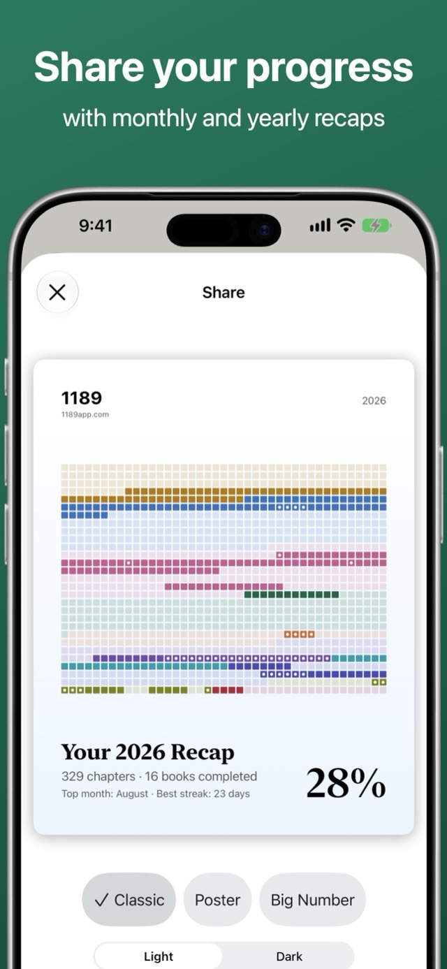1189 on iPhone: sharing a 2026 Recap card that shows 28% of the Bible read this year