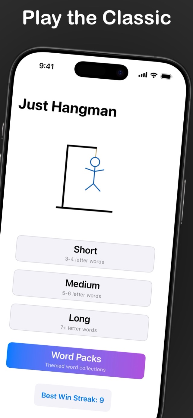 Just Hangman screenshot: play the classic — choose short, medium, or long words