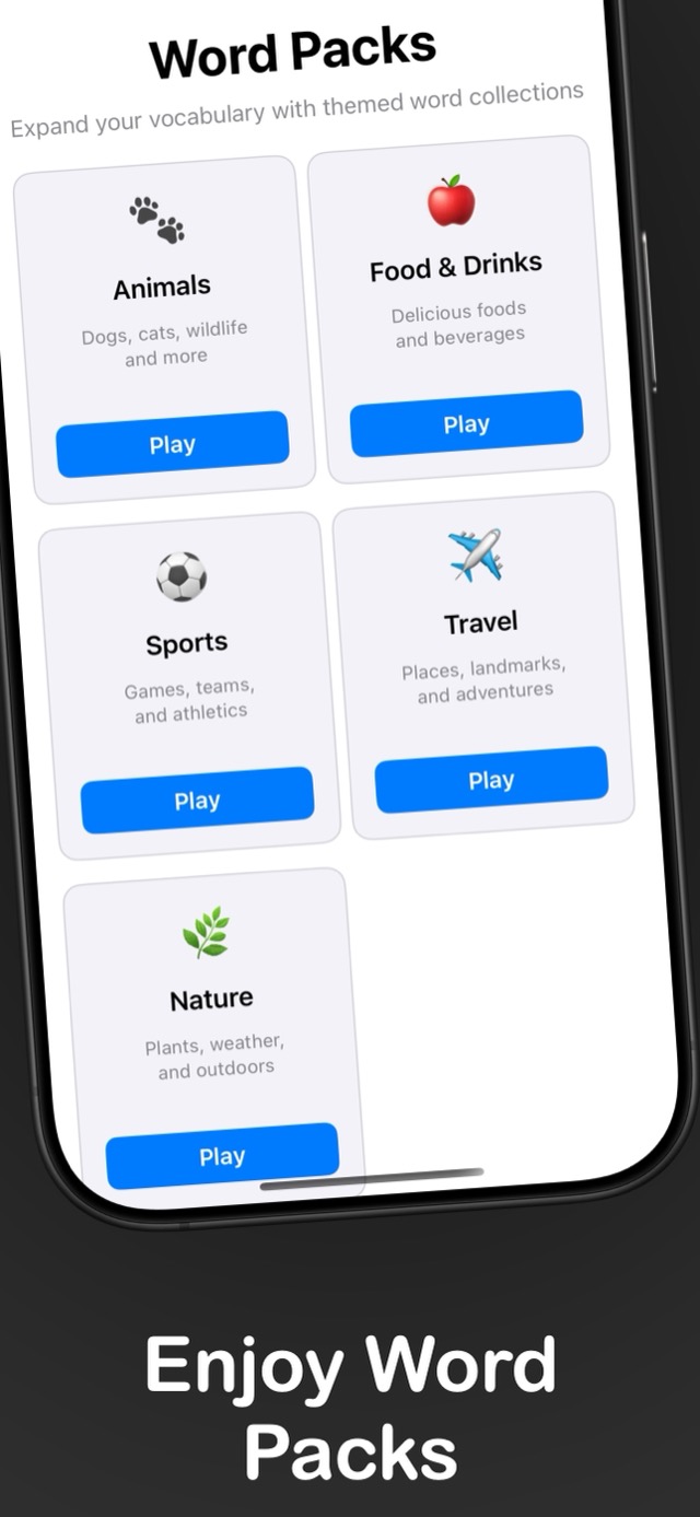 Just Hangman screenshot: themed word packs like Animals, Sports, and Travel