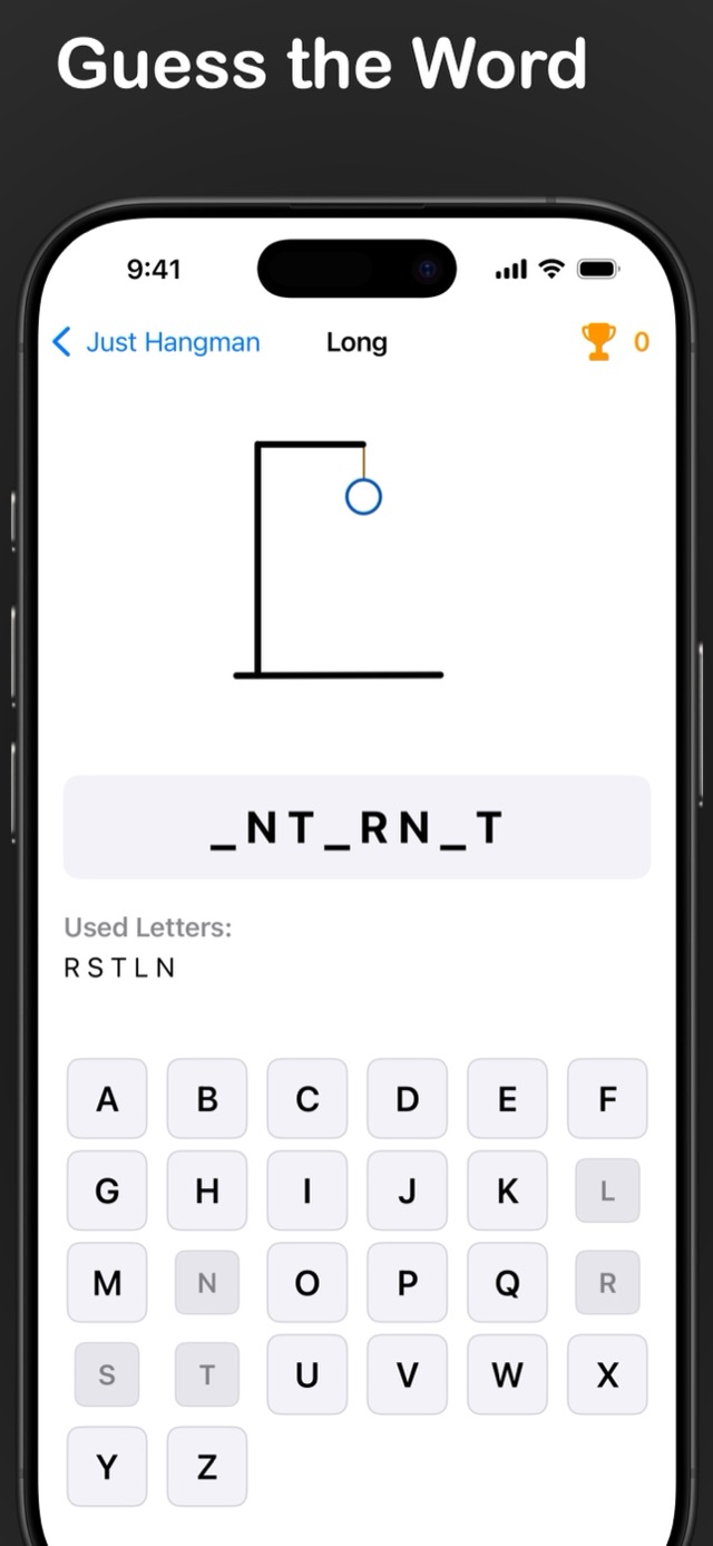 Just Hangman screenshot: guess the word letter by letter