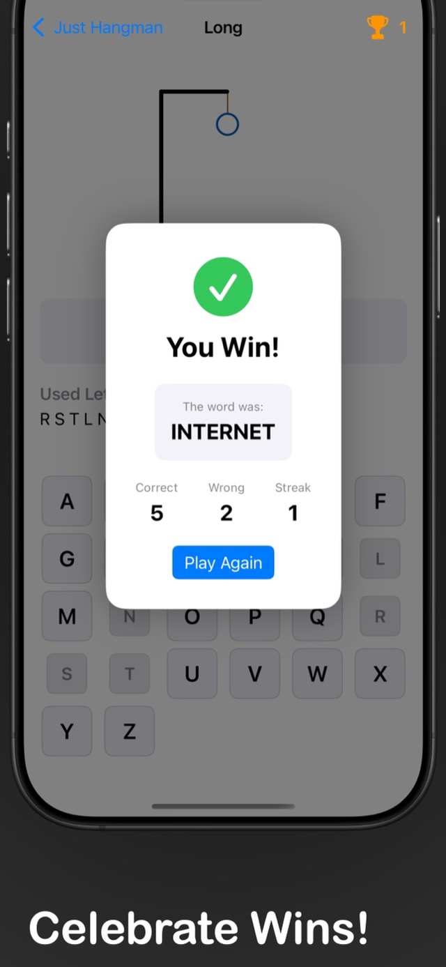 Just Hangman screenshot: celebrate wins