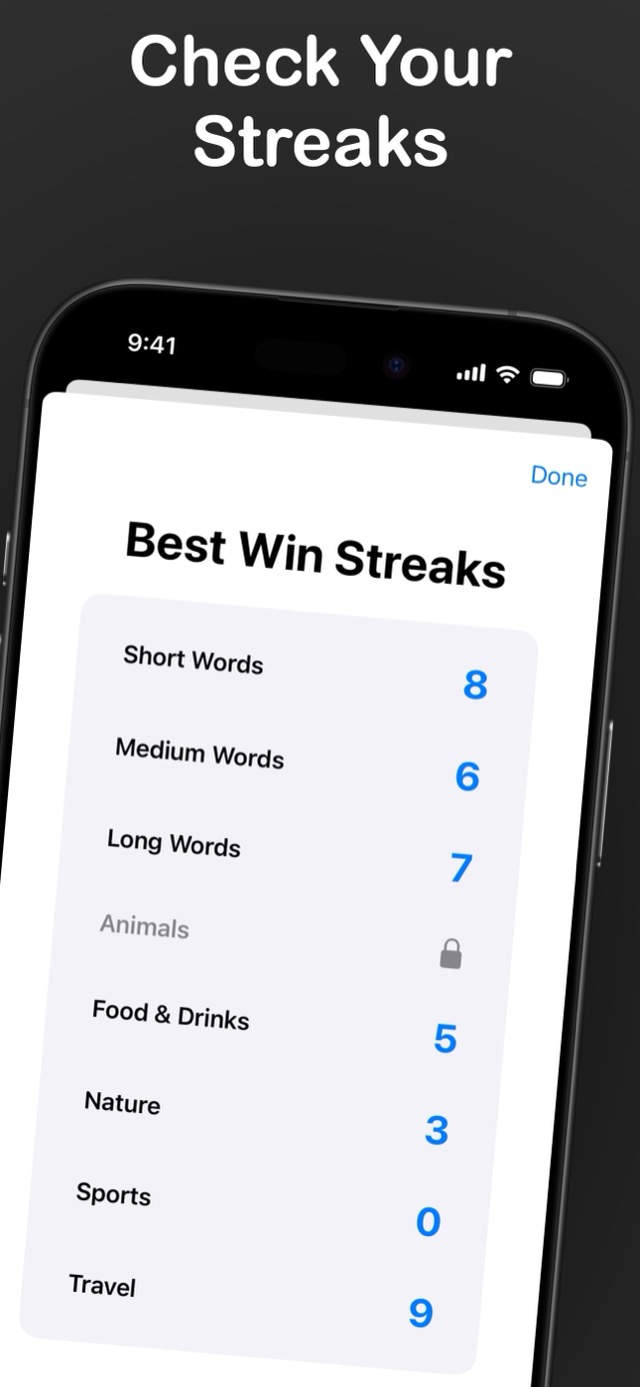 Just Hangman screenshot: best win streaks per category
