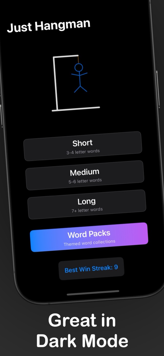 Just Hangman screenshot: great in dark mode