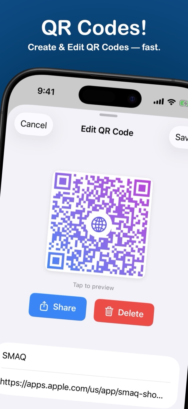 SMAQ screenshot: create and edit QR codes fast
