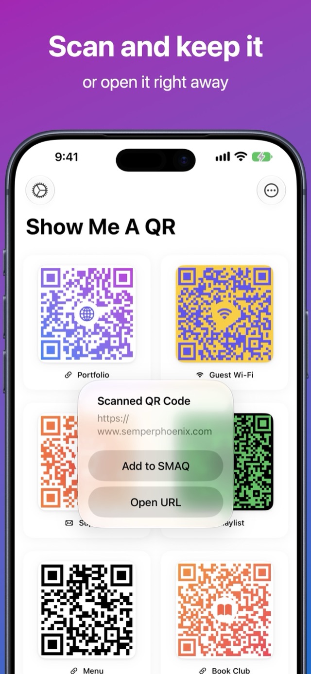 SMAQ screenshot: a scanned QR code, with options to add it to SMAQ or open the URL